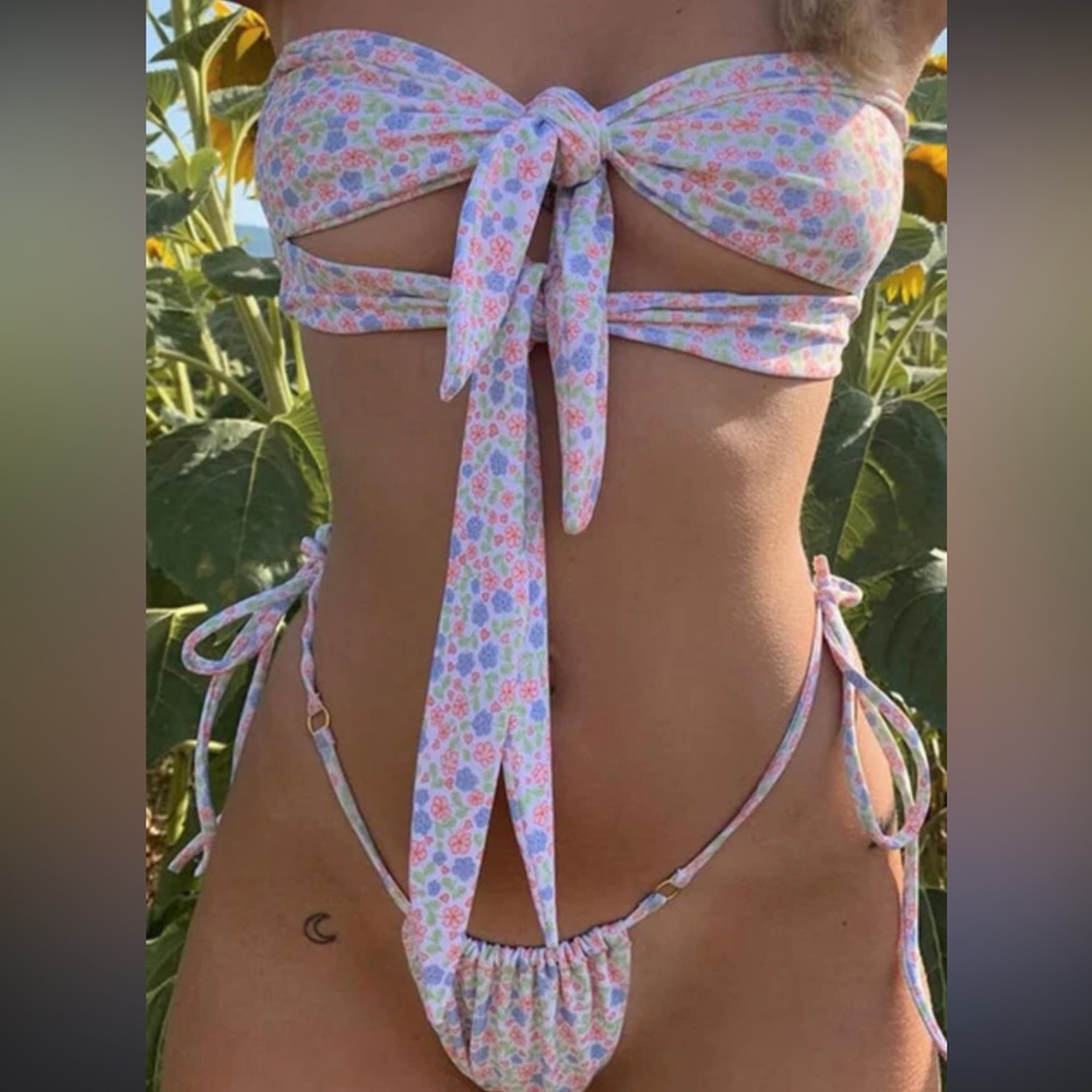 Floral Print Double Front Tie Bandeau Ruched Brazilian Bikini Set - Size M